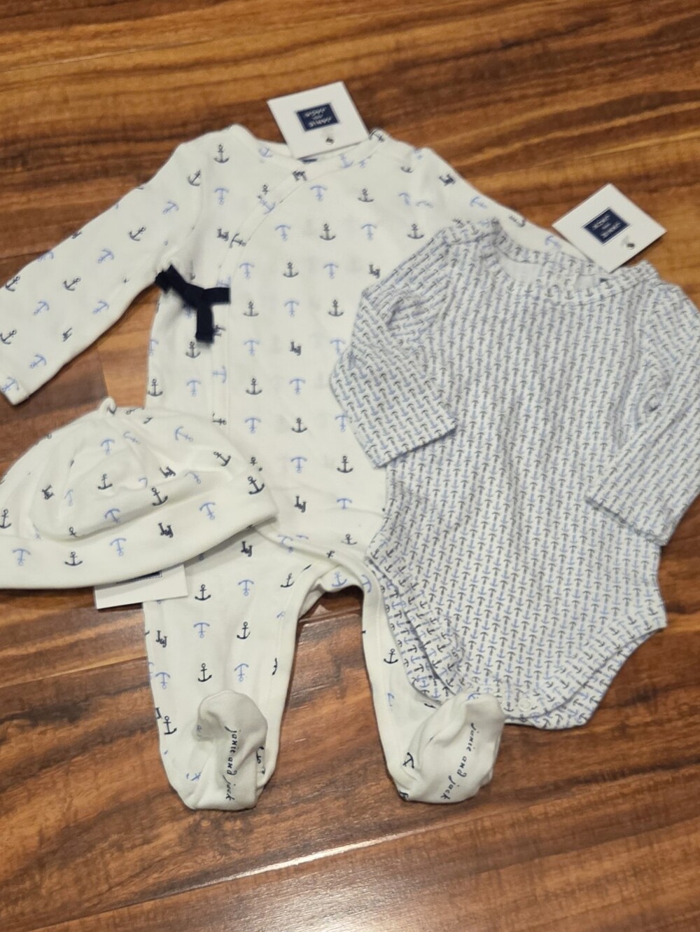 Janie and Jack NWT Newborn Anchor Footie Romper, Hat and Bodysuit Set